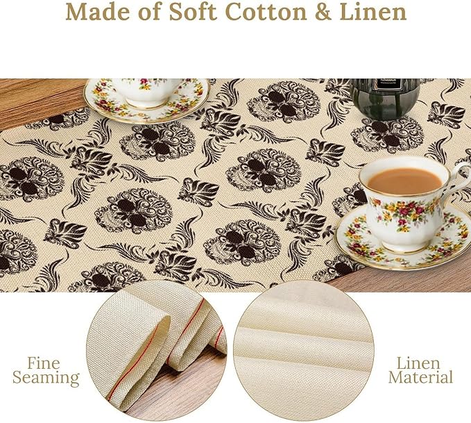 Gothic Table Runner, Retro Antique Damask Skull Pattern Classic Halloween Boho Black Coffee Vintage Table Center Decor for Kitchen and Dining Outdoor Home Country Party Table Decorations, 13"x36"