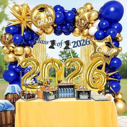 Blue and Gold Graduation Decorations 2026 with Fringe Curtain Banner Metallic Gold Confetti Royal Blue White Balloons for Graduation Decorations 2026