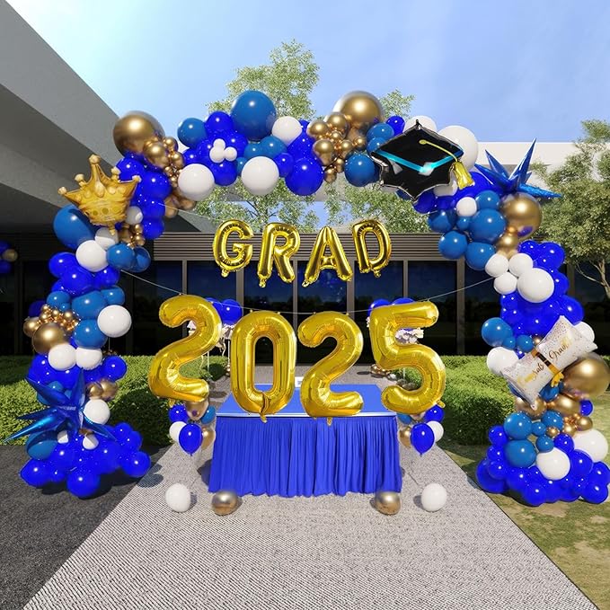Blue Themed Graduation Balloon Garland Arch Kit with foil Balloons for High School College students graduate class of 2025 Prom Congrats Party Decorations Backdrop (Blue white gold)