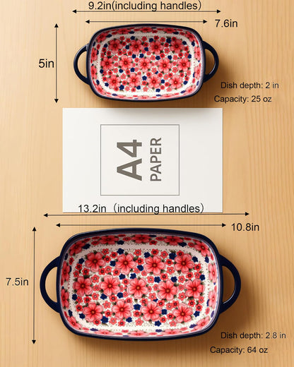 Polish Pottery Style Ceramic Baking Dish Set of 2 – Decorative Casserole Dishes with Handles, Cute Oven-Safe Lasagna Bakeware Gift Set