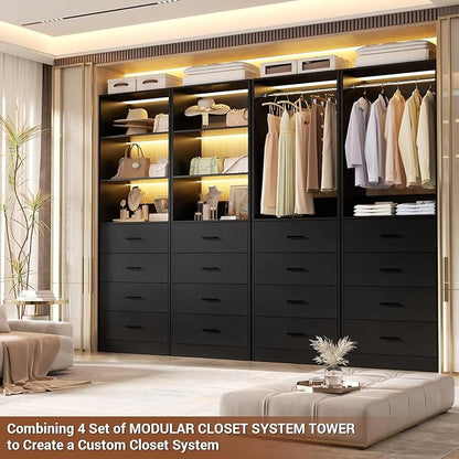 Aheaplus Closet Drawers Organizer System, 21.3" Wood Closet System with 4 Drawers, Modular Walk-in Closets Storage Unit, Tall Bookshelf Storage Cabinet, Black
