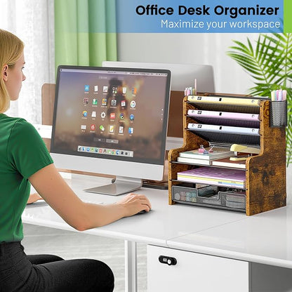 DAOUTIME 6-Tier Mesh Desk Organizer with Drawer, Wooden Office Organizer for Papers, Folders & Office Supplies - Sturdy Desktop File Holder with 2 Pen Holders - Space Saving Home Office Accessories