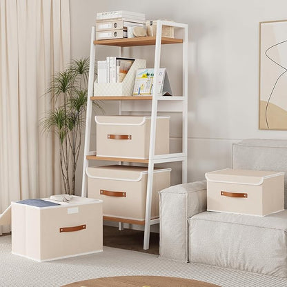 Yawinhe Collapsible Storage Boxes, Linen Fabric Baskets, Bin with lid and Leather Handle, Washable, for Home, Closet, Beige, 15.0''Lx9.8''Wx9.8''H, 1-Pack, USNK024BEL-1