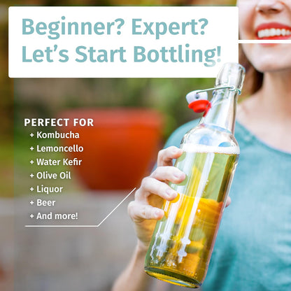 Otis Classic Swing Top Glass Bottles - Set of 6, 16oz w/Marker & Labels - Clear Bottle with Caps for Juice, Water, Kombucha, Wine, Beer Brewing