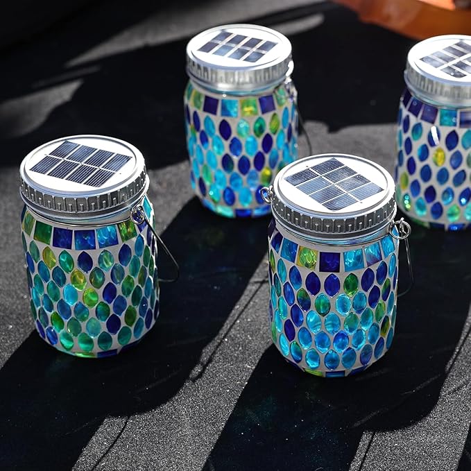 Cooo Mosaic Lanterns Outdoor Waterproof with 215% Larger Solar Panel, Never Rust Lids, True Capacity Battery- Solar Mason Mosaics Jar Lantern for Patio Garden Yard Balcony Hanging or Table (6)