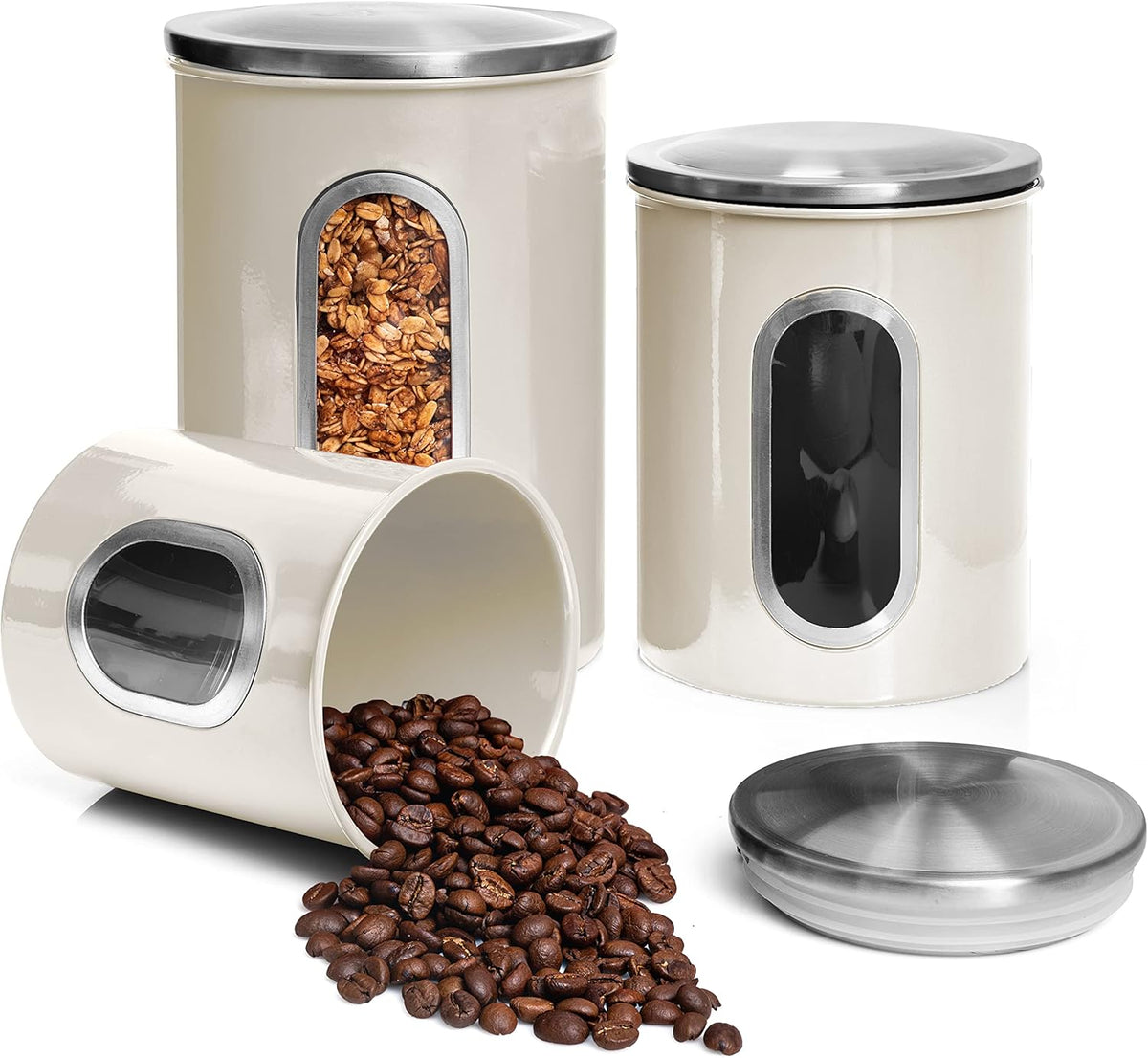 Moss & Stone 3-Piece Beige Canisters Sets For The Kitchen, Airtight Canister Set With See Through Window, Storage Jars for Coffee Container