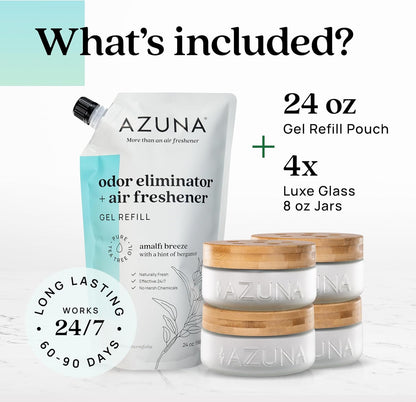 Azuna Air Freshener & Odor Eliminator Gel 4 Room Kit, Includes (4) 8 oz. Empty Luxe Glass Jars & 24 oz. Refill with Tea Tree Essential Oil, Amalfi Breeze, Works 24/7 for 60-90 Days
