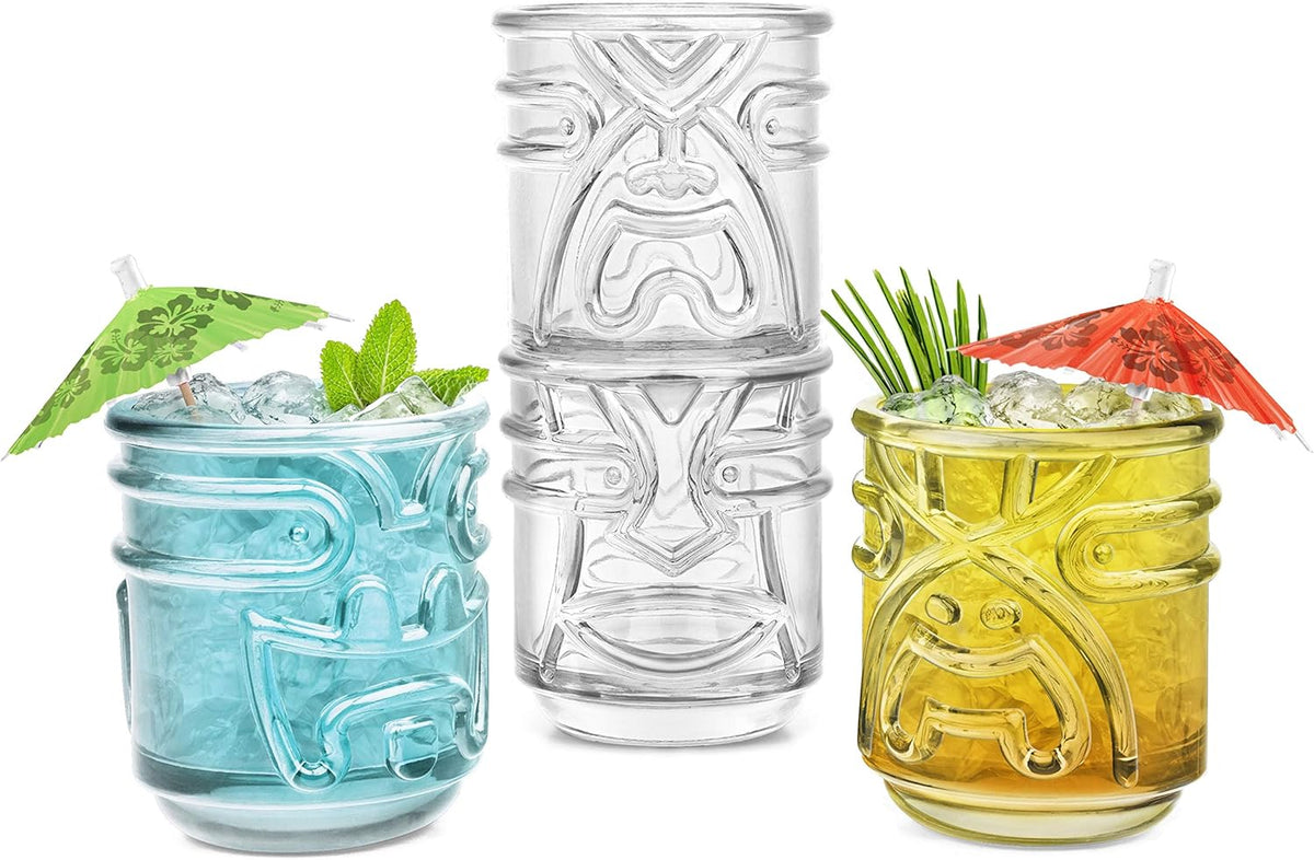 Final Touch Tiki Glasses Set of 4 - Kanaloa, Lono, Kū, Kāne Designs, 12 oz (355 ml), Clear, Stackable Totem Pole Storage