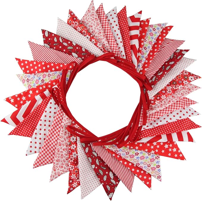 10M/32Ft Triangle Bunting Banner, 36 Pcs Cotton Fabric Flags Pennant Garlands for Birthday Party, Wedding, Baby Shower, Outdoor and Home Decorations (Red)