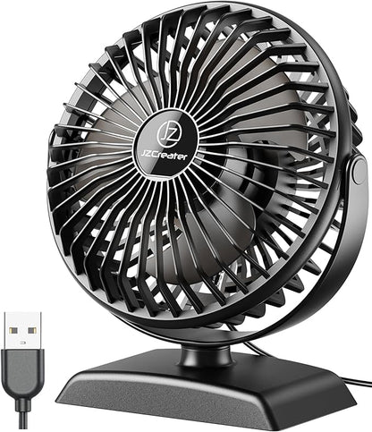 JZCreater USB Desk Fan, USB Fan Mini, 360 Rotation Desktop Fan with 3 Speed, Table Personal Cooling Fan, Quiet Mini Desk Fan, USB Powered, Small Fan for Home Office Bedroom Car Travel,Black+Black