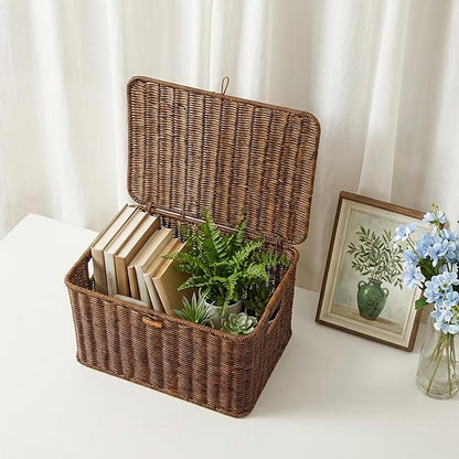 Nonam Wicker Storage Basket with Lid, Large Shelf Baskets for Boho Decor, Plastic Basket, Lidded Home Storage Bins - Stackable Containers Boxes for Organizing - Brown