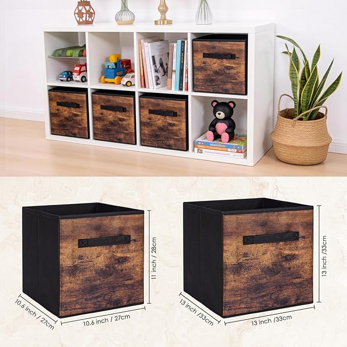 13 Inch Fabric Storage Cubes, 8 Pack Foldable Storage Bins with Handle, Fabric Cube Box for Shelves, Closet, Bedroom, Living Room, Organizer, Rustic Brown and Ink Black