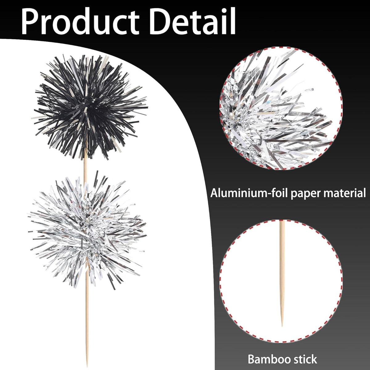 40 PCS Foil Firework Cupcake Toppers Sparkle Tinsel Cupcakae Picks Foil Firework Party Decorations Cocktail Fruit Toothpick for Fireworks Theme Birthday Wedding Graduation Party Decor Black Silver
