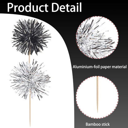 40 PCS Foil Firework Cupcake Toppers Sparkle Tinsel Cupcakae Picks Foil Firework Party Decorations Cocktail Fruit Toothpick for Fireworks Theme Birthday Wedding Graduation Party Decor Black Silver