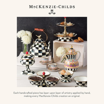 MACKENZIE-CHILDS Enamel Squashed Pot, Black-and-White Courtly Check | Hand-painted design, decorative container with lid, made from enameled steel, 5" dia. x 5.5" H, 20-ounce capacity