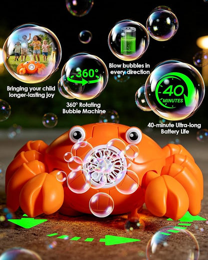 Bubble Machine for Kids, 360° Rotating Crab Bubble Blower with Music & LED Lights, USB-C Rechargeable, Auto Obstacle Avoidance, Portable Bubble Maker Toy for Toddlers Indoor Outdoor Birthday Gift