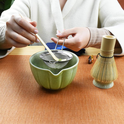 Artcome 7 Pcs Japanese Matcha Tea Set - Matcha Bowl with Pouring Spout, Matcha Whisk, Tea Scoop, Whisk Holder, Handmade Matcha Ceremony Kit For Japanese Tea Ceremony, Mottled Green