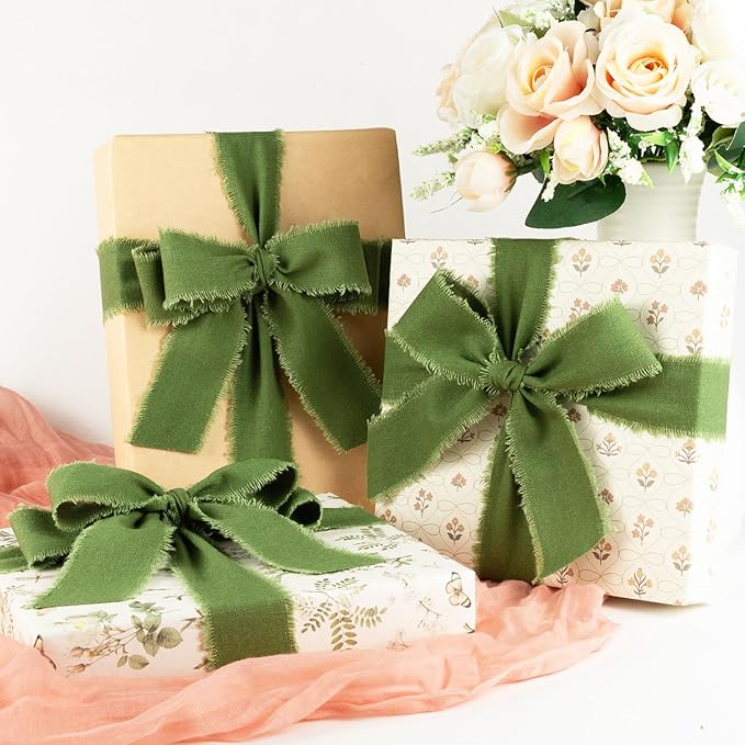 Moss Green Cotton Ribbon 1-1/2 Inch Moss Green 3 Rolls 21 Yards Frayed Edge Fabric Set for Rustic Wedding Decor, Bridal Bouquet Wrap, Woodland Theme Party, Baby Shower & Wreath Making