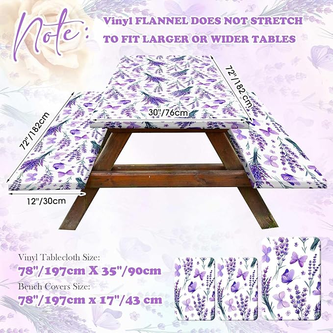 Boao 3 Pcs Vinyl Picnic Table Cover with Bench Cover 6 ft 30 x 72 Inch Waterproof Fitted Tablecloth Flannel Backing Rectangular Elastic Edged for Camping Outdoor Patio Travel(Lavender)