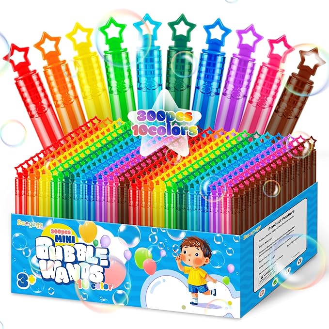 300 Pcs 10 Colors Neon Bubbles Party Favors for Kids, Mini Bubble Wand Bulk in Gift Box as Goody Bags Stuffer, Children's Party Supplies, Carnival Prize Toys, Summer Beach Pool Toys