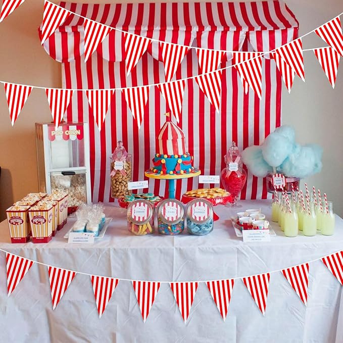 6 Pack Carnival Circus Party Decorations Red White Striped Pennant Banner 9.12ft String Circus Carnival Triange Pennant Bunting Flags for Birthday Carnival Party Supplies for Kids Adults