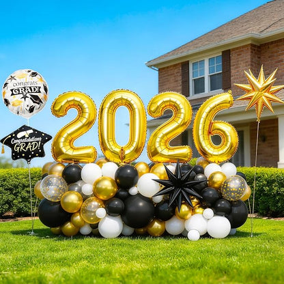 Graduation Balloons Garland Arch Kit, Graduation Balloons Class of 2026, Black and Gold White Latex Balloon with Foil Balloon for Class of 2026 Party Decor