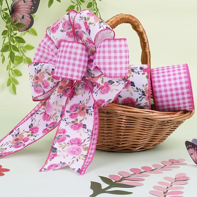 LaRibbons Floral Ribbon Wired 2 Rolls 2.5 Inch x 12 Yards TTL, Flower Pink and White Plaid Spring Summer Ribbon with Rose Printed for Wreath Crafts Wrapping Bow