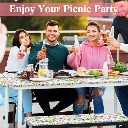 Boao 3 Pcs Vinyl Picnic Table Cover with Bench Cover 6 ft 30 x 72 Inch Waterproof Fitted Tablecloth Flannel Backing Rectangular Elastic Edged for Camping Outdoor Patio Travel(Wildflower)