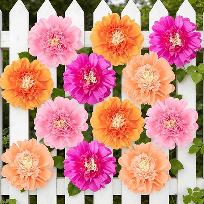 SUNBEAUTY 12PCS Large Paper Flowers 12 Inch Pink Orange Tissue Paper Flowers Pink Orange Giant Crepe Paper Flowers for Girl Women Birthday Wedding Flower Backdrop Wall Spring Garden Party Supplies