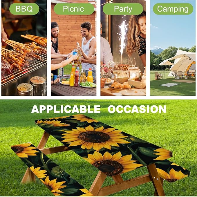 ANNA QUEEN 6FT Sunflower Picnic Table Cover with Bench Covers Spring Picnic Table Cover Set 3PCS 72"x30", Outdoor Bench and Tablecloth Furniture Protection