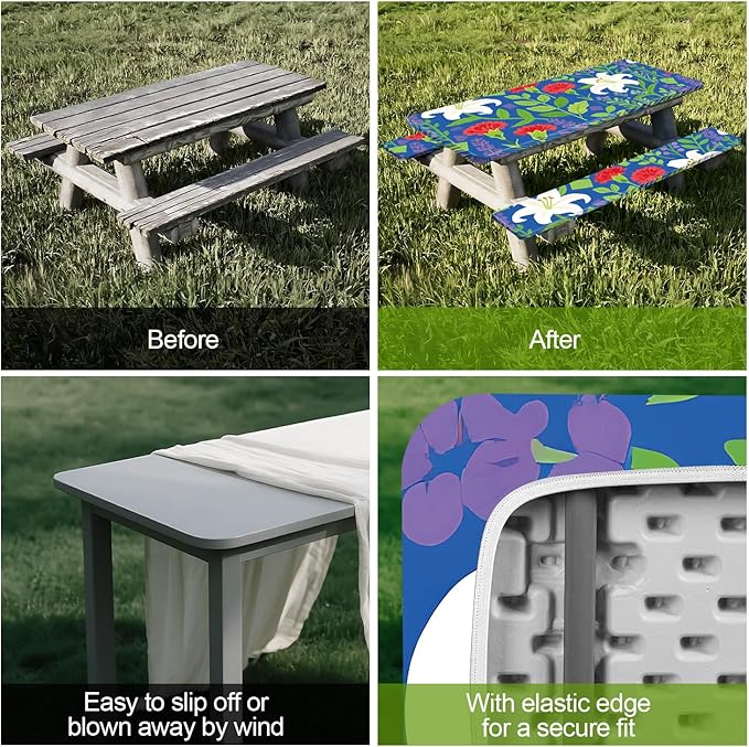 Blue Floral Picnic Table Cover with Bench Covers Set of 3-White Lilies and Red Flowers,Elastic Fitted Tablecloth for 6 Ft Tables, Washable Polyester Cover for Camping, Indoor & Outdoor