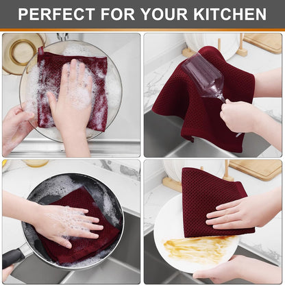 Kitinjoy 100% Cotton Kitchen Dish Cloths, 6 Pack Waffle Weave Ultra Soft Absorbent Dish Towels for Drying Dishes Quick Drying Kitchen Towels Dish Rags, 12 X 12 Inches, Burgundy