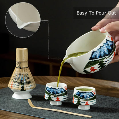 Fuji Mountain Matcha Bowl Set – 6-Pcs Hand-Painted Scenic Japanese Tea Ceremony Kit, Matcha Bowl with Spout, 2 Cups, Bamboo Whisk