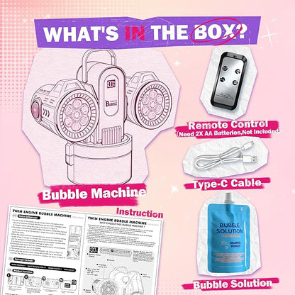 Dual-Engine Bubble Machine with Auto Rotation & RGB Lights & Remote Control,1800mA Type-C Rechargeable,700mL Tank,Bubble Maker for Kids, Party, Wedding, Backyard Outdoor Toy