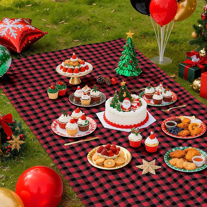 2 Pack Red Striped Gingham Tablecloths, 54 x 108 Inch Disposable Plastic Rectangle Table Covers, Waterproof Red and Black Checkered Table Cloths for Picnic, Birthday, Party, Outdoor Events