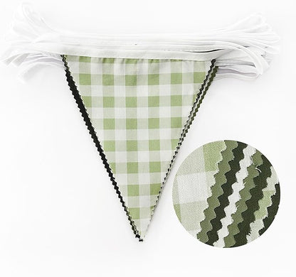 32Ft Sage Green Party Decorations Sage Gingham Banner Olive Green Buffalo Plaid Checkered Triangle Flag Pennant Fabric Garland Streamers for Birthday Baby Shower Wedding Picnic Golf Party Decorations