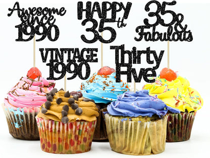 Gyufise 30 Pack Vintage 1989 Cupcake Toppers Black Glitter Thirty Five Happy 35 Cake Decorations Cheers to 35 Years Birthday Cupcake Picks 35th