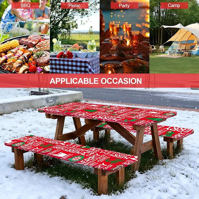 Picnic Table Cover with Bench Covers Set of 3, Elastic Fitted Tablecloth for 6 Foot Tables, Washable Polyester Tablecloths for Camping, Indoor & Outdoor