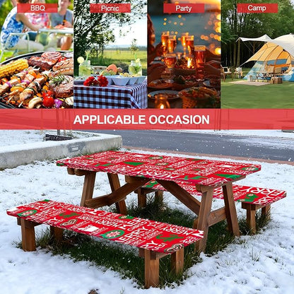 Picnic Table Cover with Bench Covers Set of 3, Elastic Fitted Tablecloth for 6 Foot Tables, Washable Polyester Tablecloths for Camping, Indoor & Outdoor