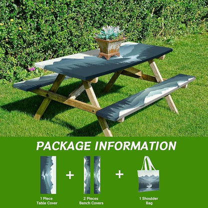 Mountain Landscape Picnic Table Cover with Bench Covers and Carrying Bag, Green Nature Forest Woodland Outdoor Camping Essentials 6FT 4PCS Fitted Rectangle RV Must Haves Tablecloth