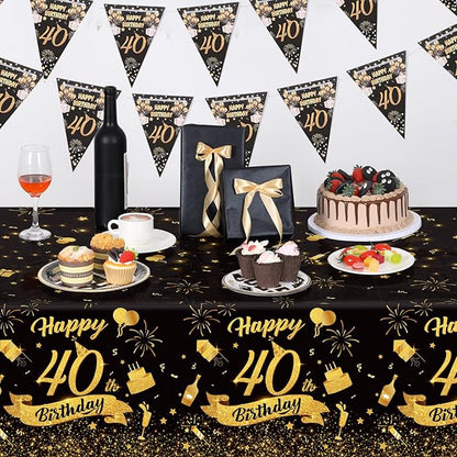 NatNarr 3 Pack 40th Birthday Plastic Tablecloth, 54x108 Inch Black Gold Disposable Rectangle Table Cover Waterproof Table Cloth for Birthday 40 Anniversary Party Supplies