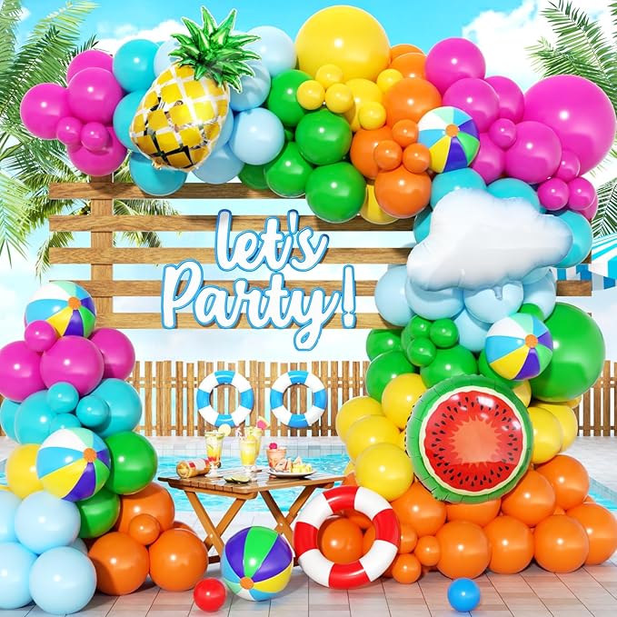 Tropical Hawaiian Balloon Garland Arch Kit 160Pcs, Summer Beach Pool Balloons Arch Kit with Beach Ball Pineapple for Birthday Hawaiian Luau Pool Beach Party Baby Shower Coconut Party Decor