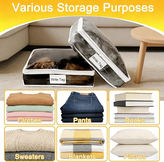 6 Pack Clear Zippered Plastic Storage Bags, Vinyl Sweater Bags with Zipper, Durable Clothing Organizer Protectors for Quilt, Blankets and Bedding, 15.3" x 13.8" x 3.9"
