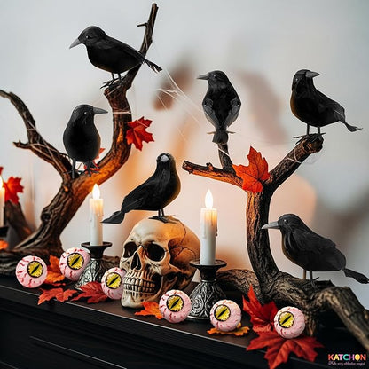 KatchOn, Black Crows with Eyes Halloween Decorations – Pack of 12 | Realistic Feathered Crows for Indoor Outdoor Halloween Decor | Scary Raven Decorations for Haunted House