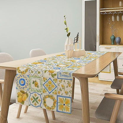 Yellow Lemon Summer Table Runner, Watercolor Spring Yellow and Blue Flower Hawaiian Style Table Runner for Holiday Party Home Kitchen Dining Table, 13x108inch
