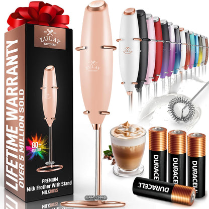 Zulay Kitchen Powerful Milk Frother Wand With 4 AA Duracell Batteries - Ultra Fast Handheld Drink Mixer - Electric Whisk Foam Maker for Coffee