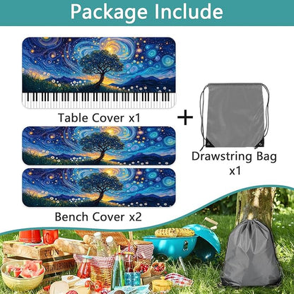 Piano Keyboard Picnic Table Cover with Bench Covers, Camping Essentials, Whirlpool Star Tree Flower Waterproof Windproof, Fitted Tablecloth Cover with Elastic Edge for Outdoor Garden 3 PCS 30x60 Inch