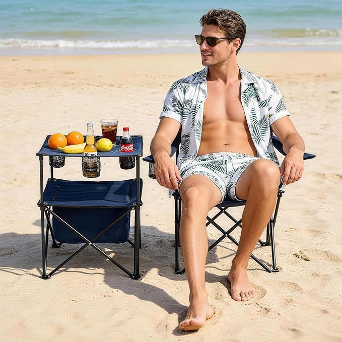 Portable Outdoor Folding Camping Table with 4 Cup Holders & Cooler Compartment, Waterproof Picnic Table for Picnic, BBQ, Beach, Hiking (Dark Blue, 1 PCS)