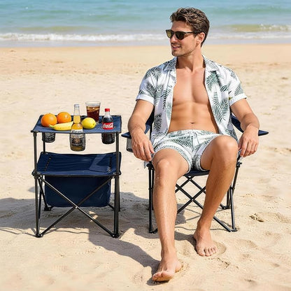 Portable Outdoor Folding Camping Table with 4 Cup Holders & Cooler Compartment, Waterproof Picnic Table for Picnic, BBQ, Beach, Hiking (Dark Blue, 1 PCS)