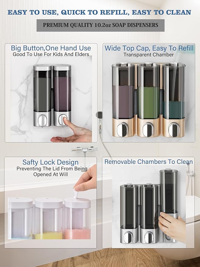 RANKADO Luxury Shower Soap Dispenser Bathroom with Tray,Drill Free Shampoo and Conditioner Dispenser with Mounting Tapes,Shower Soap Dispenser with Labels,Shampoo Dispenser for Shower Wall (Gold)